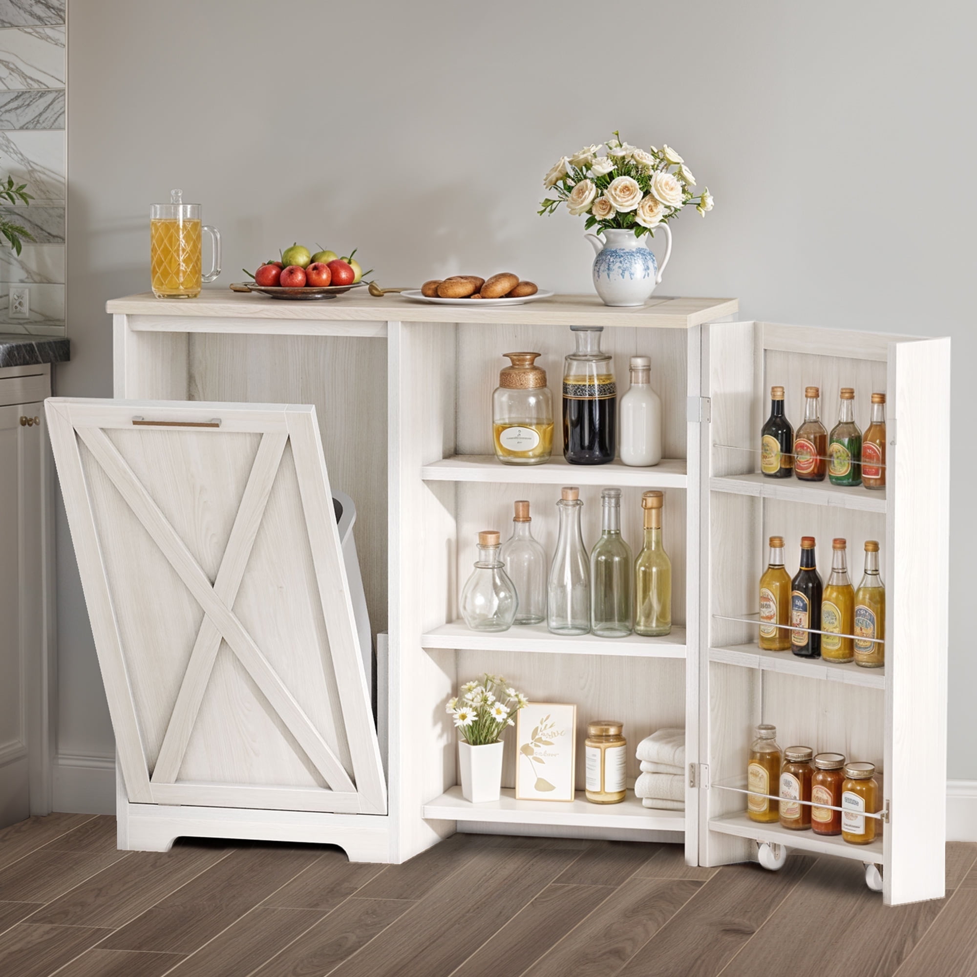 ModFusion Kitchen Tilt Out Trash Can Cabinet with Power Outlet, 13 Gallon Freestanding Trash Bin with Hideaway Storage Cabinet, Adjustable Shelf, White
