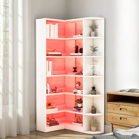 ModFusion L-Shaped Corner Bookshelf with LED Lights, 6-Tier Bookcase with App & Remote Control, White