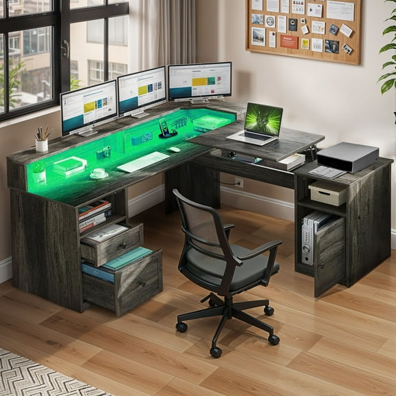 ModFusion L Shaped Desk with Charging Station, Storage Shelves, Drawers & File Cabinet, 60" Adjustable Lift Top Corner Computer Desk with Monitor Stand, Wood Gray