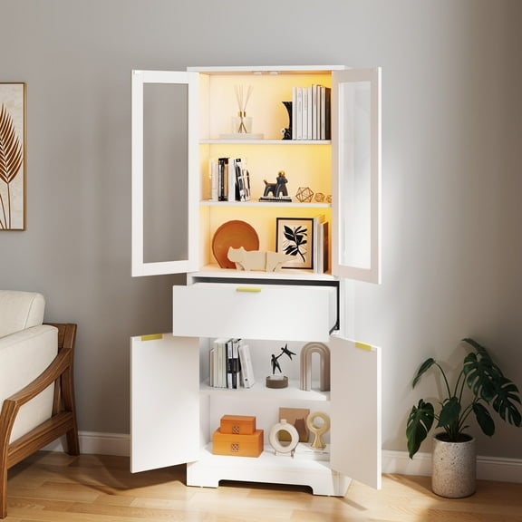 ModFusion LED Bookcase Cabinet with Glass Doors & Storage Drawers, White, 65”