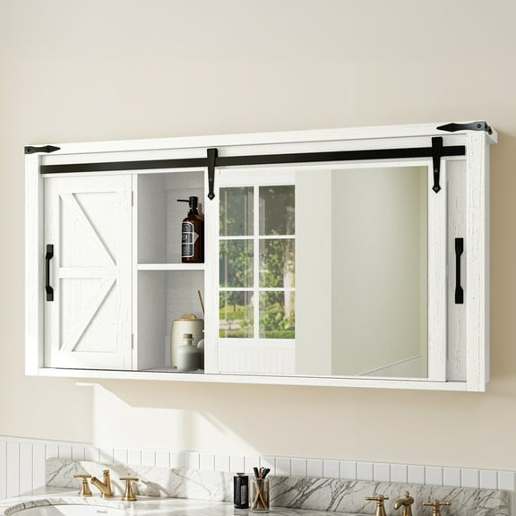 ModFusion Large Bathroom Mirror Cabinet with Sliding Barn Door, Adjustable Shelves & Wall Mount Storage, Distressed White, 47 L x 7.9 W x 23.6 H