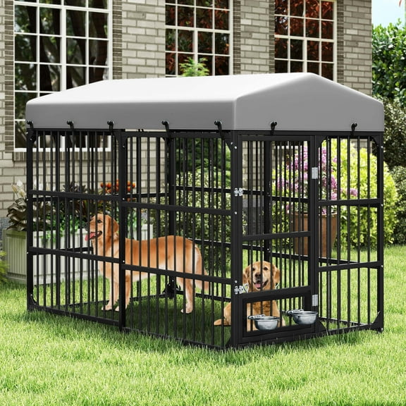 ModFusion Large Outdoor Dog Kennel with Roof, Heavy Duty Galvanized Iron Frame, Rotating Feeder Bowls, Waterproof & UV Resistant, 7.8 ft for Medium to Large Dogs