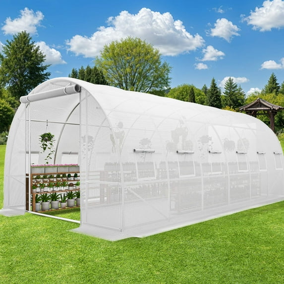 ModFusion - Large Walk-in Greenhouse with Dimensions of 20x10x6.5ft, Heavy Duty Tunnel Design, Upgraded Galvanized Steel Frame, Zipper Doors, 7 Crossbars, White