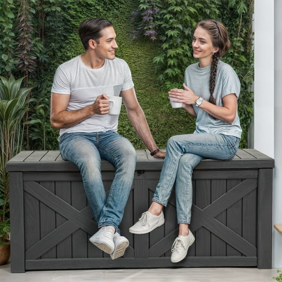 ModFusion Large Waterproof Resin Outdoor Storage Deck Box, 119-Gallon Capacity, Black Woodgrain Design