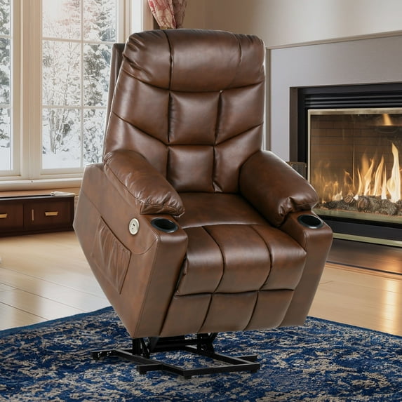ModFusion Leather Dark Brown Recliner with Power Lift, Remote Control, Massage and Heating