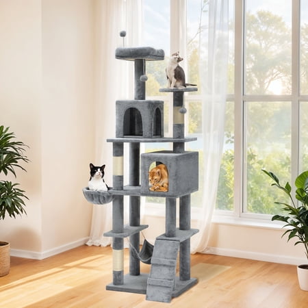ModFusion Light Grey 75" Cat Adventure Tree: Ultimate Multi-Level Playground with Cozy Condos and Fun Hammock