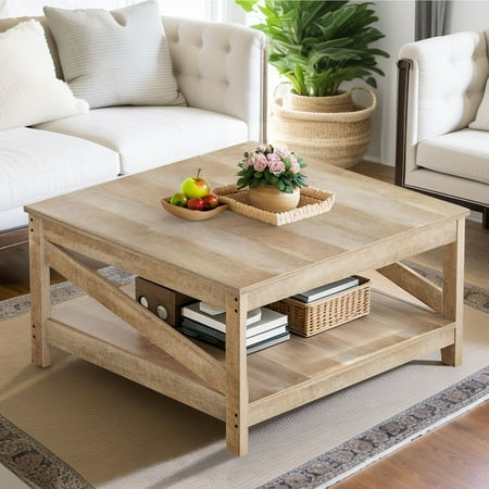 ModFusion Wooden Coffee Table with 2-Tier Shelf and Storage, Light Oak Finish, Farmhouse Rustic Style for Living Room or Sofa Area