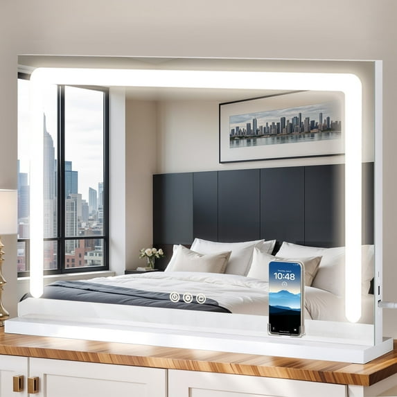 ModFusion Lighted Makeup Vanity Mirror with 3-Color Lighting, Bluetooth Speaker & Wireless Charger, 23" x 18" Tabletop Makeup Mirror with LED Lights & Touch Sensor Control