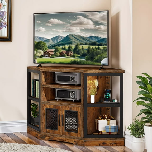 ModFusion Lodge Style TV Stand for 55-Inch Screen, Freestanding, Adjustable Shelves, Drawers, Cable Management, 6 Shelves, 47.5 x 19.7 x 28 Inches, Brown