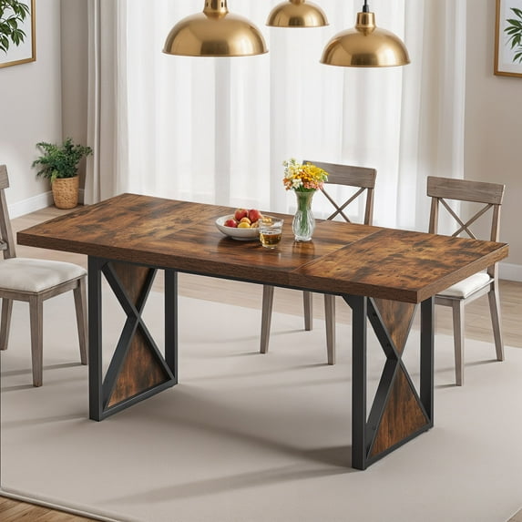 ModFusion Long Dining Table for 6 to 8 People with Reinforced Base, Adjustable Feet, Wood Heavy-Duty Metal Legs, Brown and Black