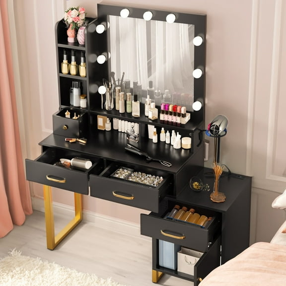 ModFusion Make Up Vanity With Adjustable Lighting, Built-In Charging Station, Roomy Vanity Desk With Storage Shelves