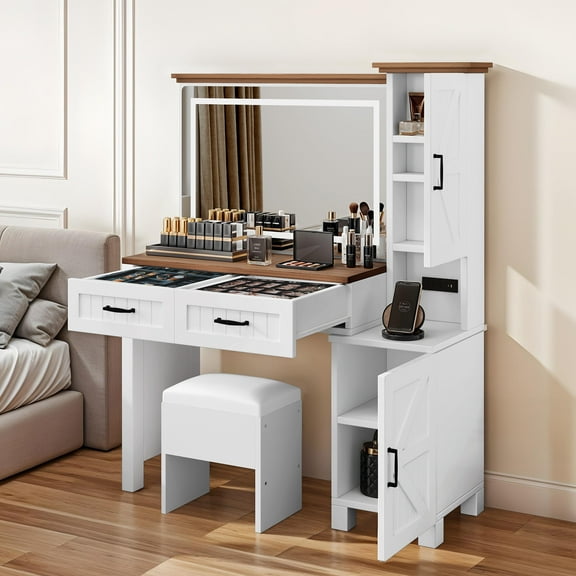ModFusion Makeup Vanity Table Set with Adjustable LED Mirror, Power Outlets, and Stool - White
