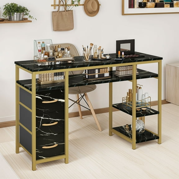 ModFusion Marbled Nail Table for Nail Techs, 3-Drawer Acetone-Resistant Manicure Desk, Black & Gold