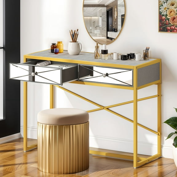 ModFusion Mirrored Console Table with 2 Drawer for Foyer, Hallway and Entryway, Silver Gold