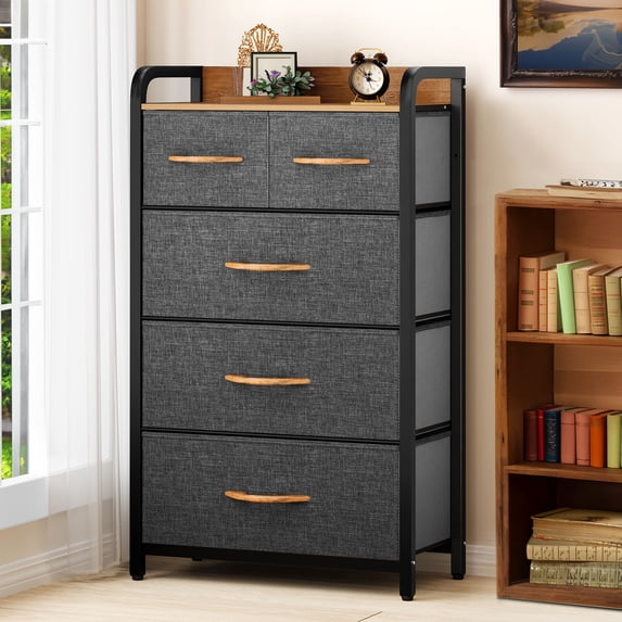ModFusion Modern 5 Foldable Drawers Fabric Dresser Unit Organizer with Wood Handle – Dark Gray