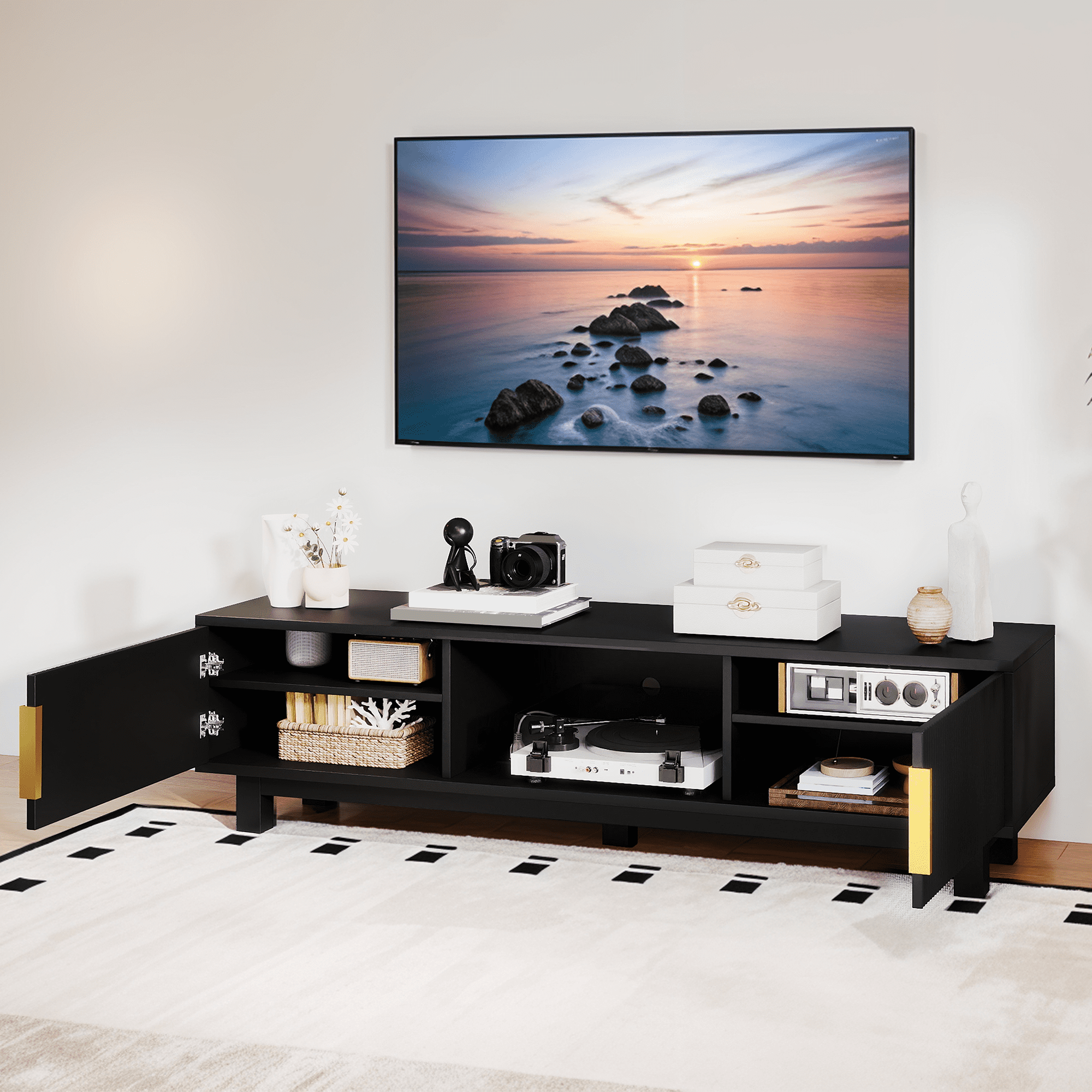 Modern 64-Inch Black Wavy TV Cabinet with LED Lights - Particleboard and MDF Sideboard