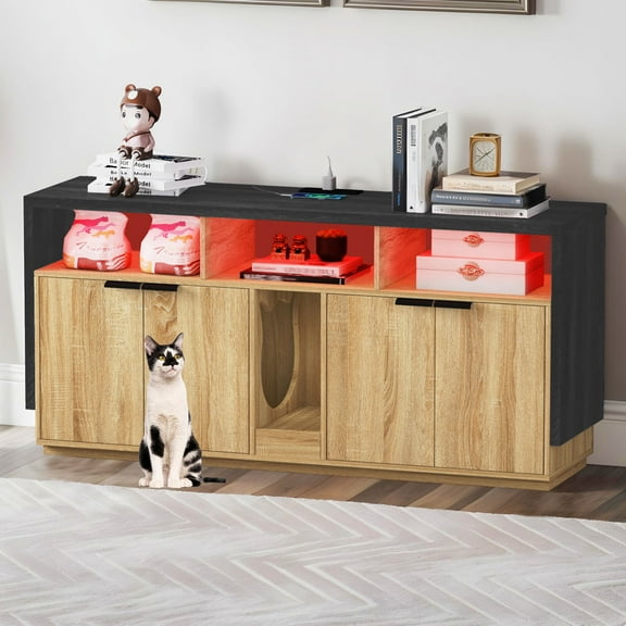 ModFusion Modern Cat Litter Box Enclosure with RGB LED Lights, USB Ports, and Power Outlets Multifunctional TV Stand, Oak