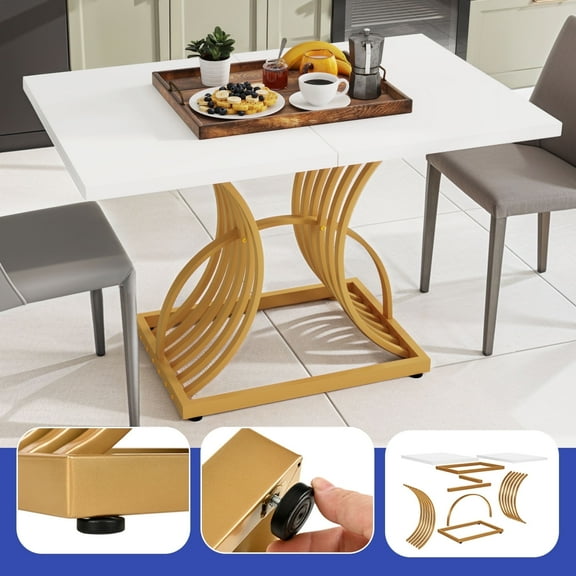 ModFusion White Dining Table for 4, Gold Geometric Legs, 2.6x3.9x2.4 ft, Rectangular, Small Spaces, Sturdy Wood Metal Iron, Kitchen Furniture