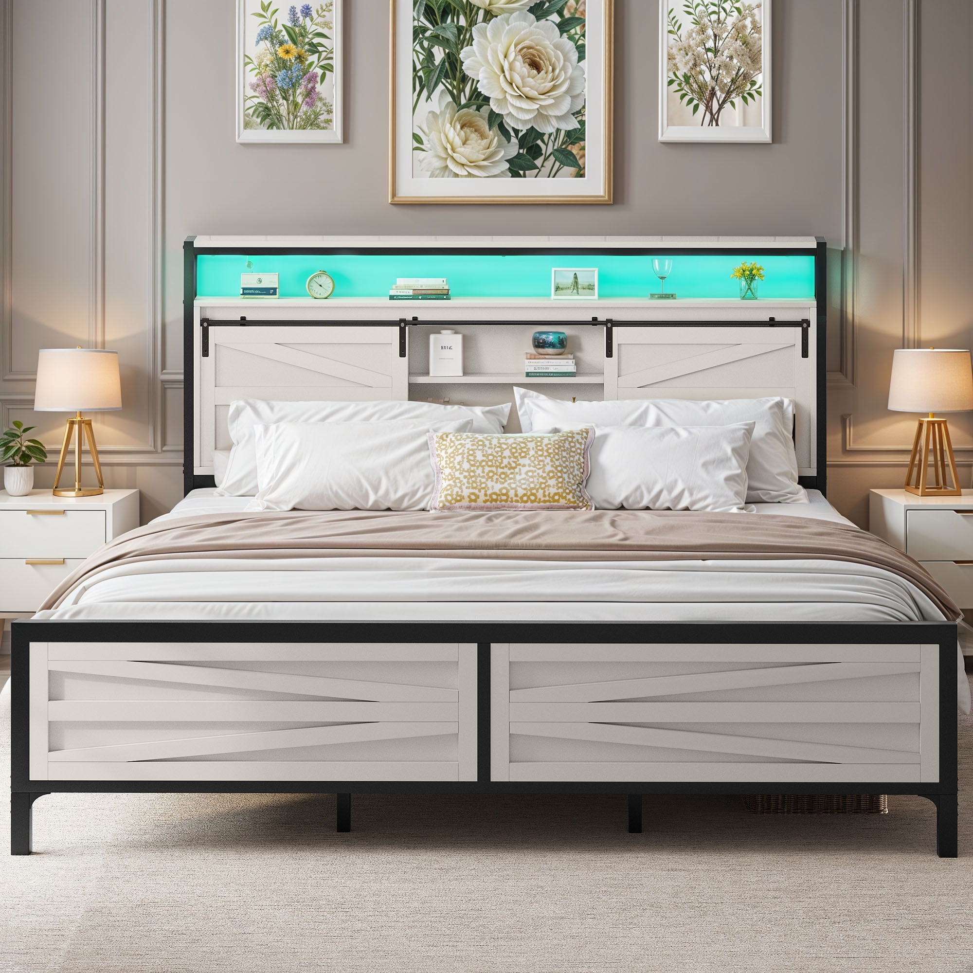 ModFusion – Modern Farmhouse Queen Bed Frame with Bookcase Headboard ...