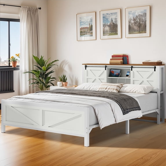 ModFusion – Modern Farmhouse Queen Size Bed Frame with Headboard, Bookcase Storage Shelves, Sliding Barn Door, Charging Station, Rustic Wood Platform Bed, Easy Assembly, White