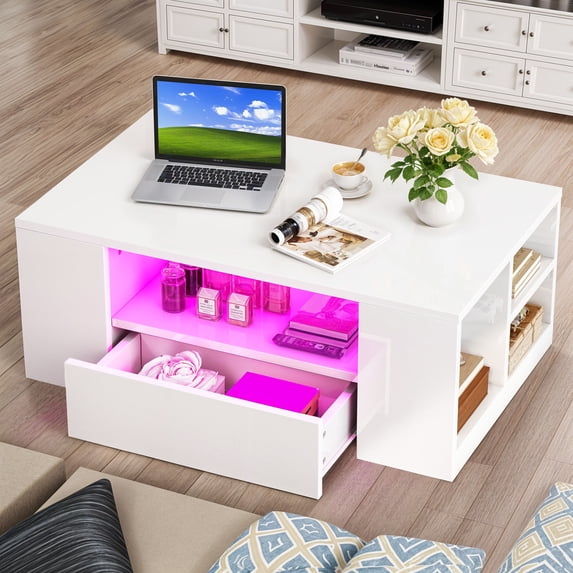 ModFusion Modern High Gloss LED Coffee Table 2 Drawer Storage & Open Shelves For Living Room, White