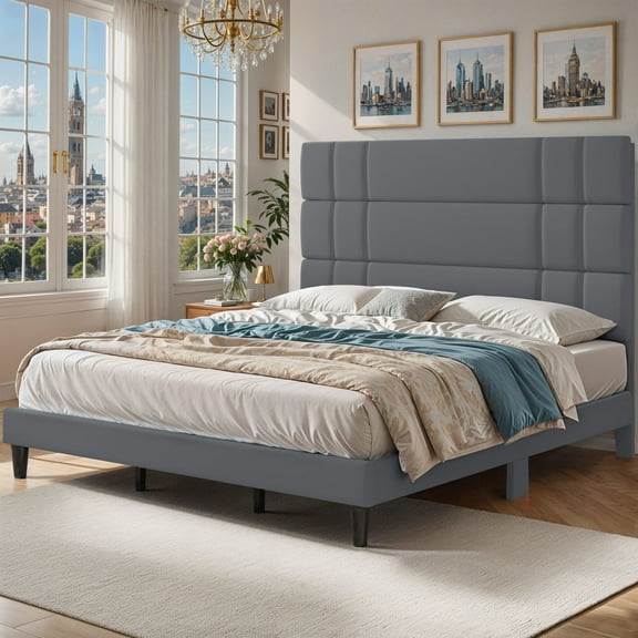 ModFusion - Modern King Bed Frame, Durable Metal & Wood Build, Quiet & Stylish Design, 43.3" Linen Upholstered Headboard, Easy Assembly, Dark Grey