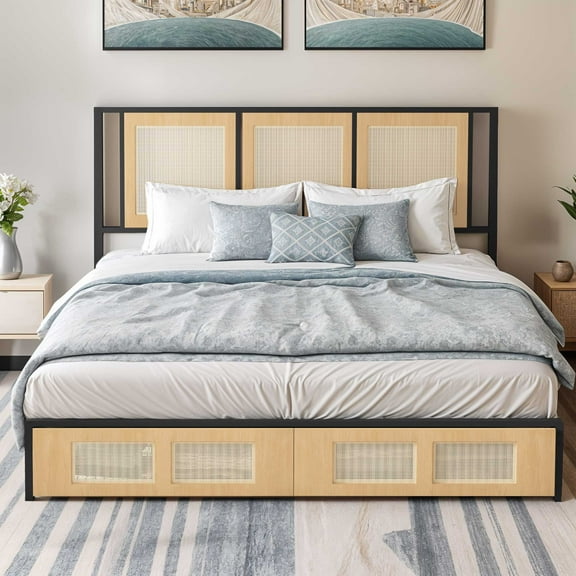 ModFusion- Modern King Size Bed Frame with Hand-Woven Rattan Design, Dual Storage Drawers, and Noise-Free Metal Slat Support, Easy Assembly , Brown
