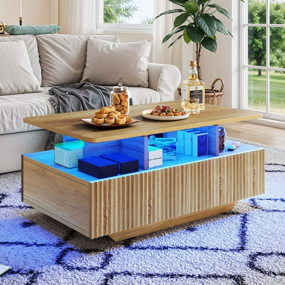 ModFusion Modern LED Coffee Table with Fluted Design & Storage Drawers for Living Room, Natural Oak