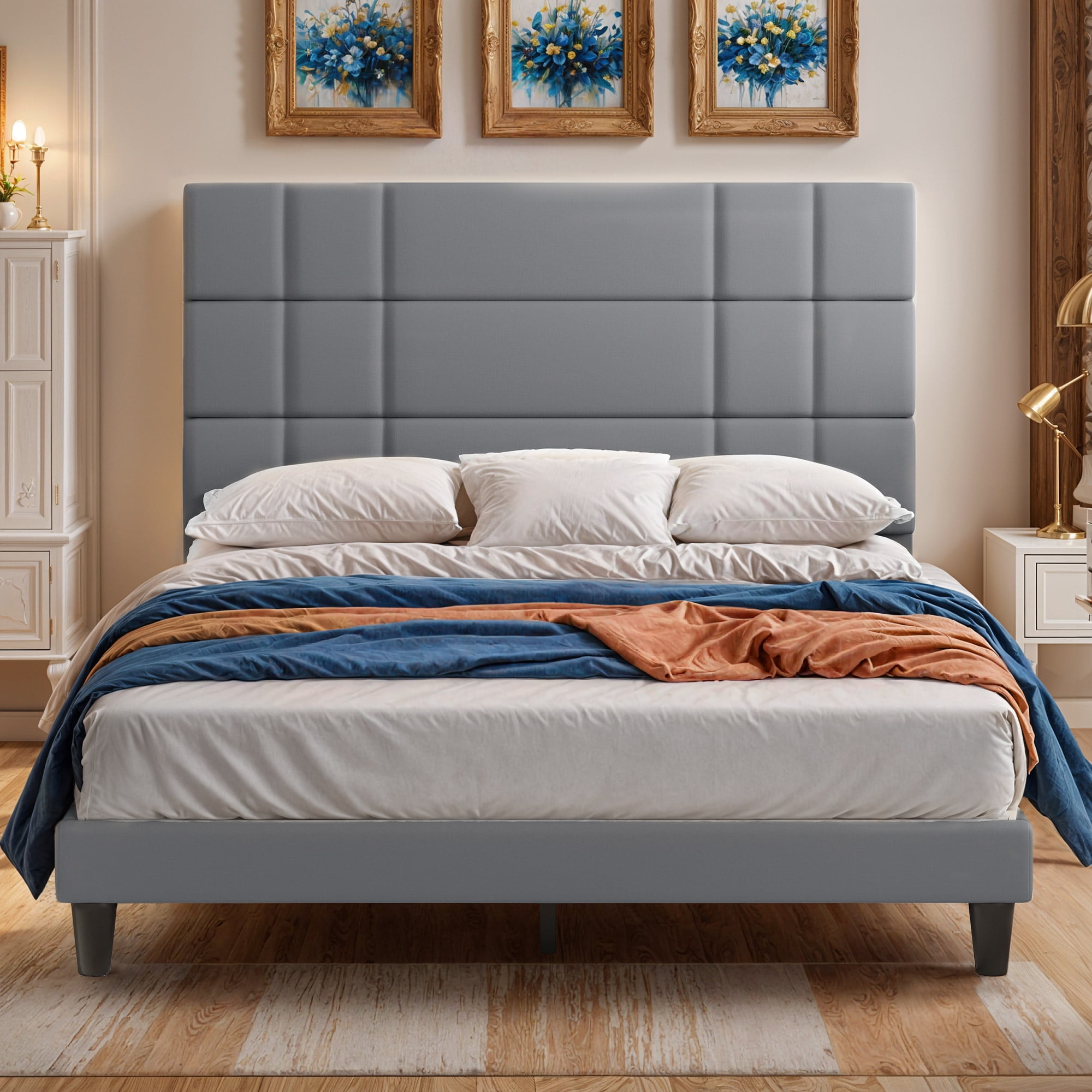 ModFusion - Modern Queen Size Bed Frame, Robust Metal & Wood Construction, Easy Assembly, 43.3" Linen Upholstered Headboard, Gray