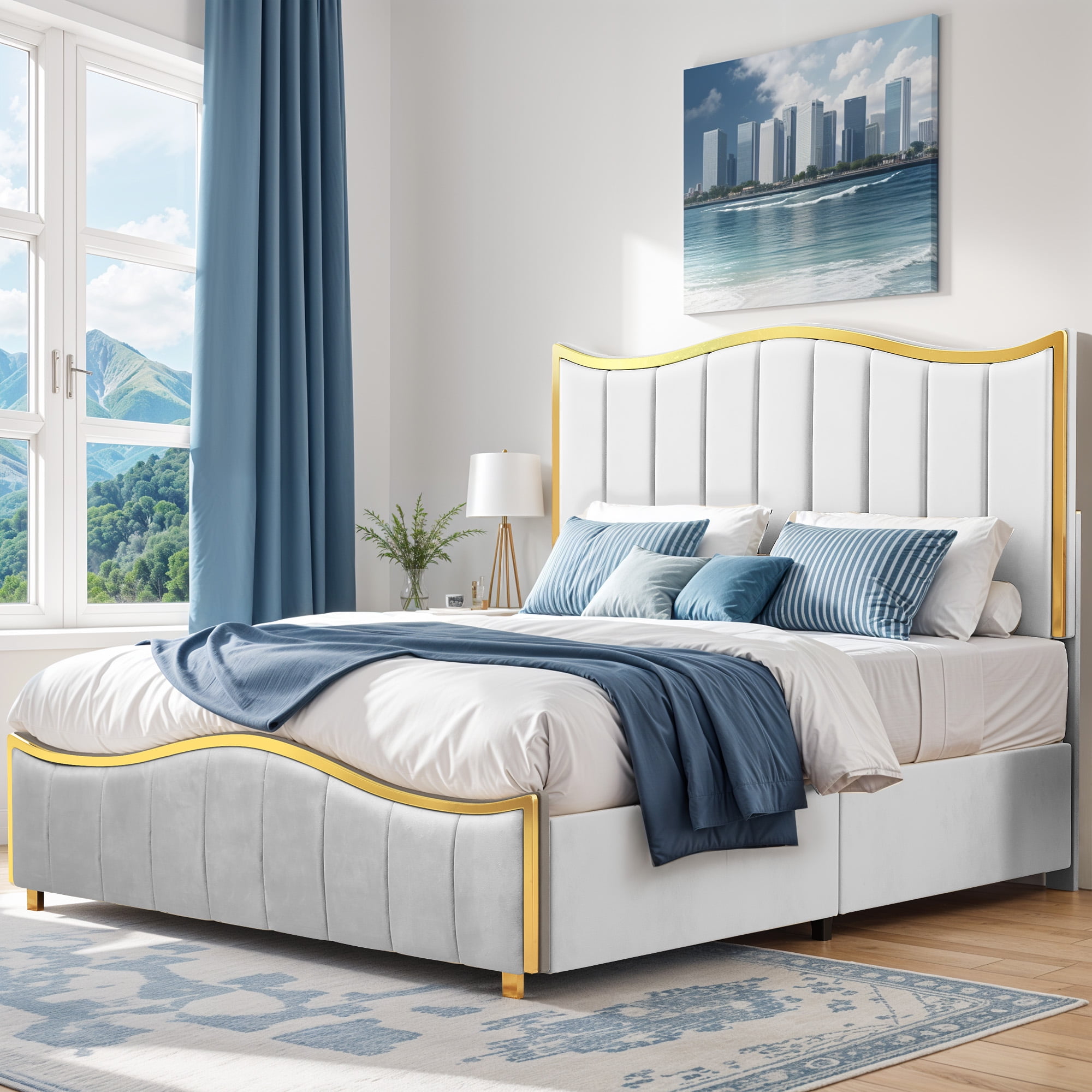 ModFusion - Modern Queen Velvet Upholstered Platform Bed Frame with Gold Trim, 51.5" Tall ...