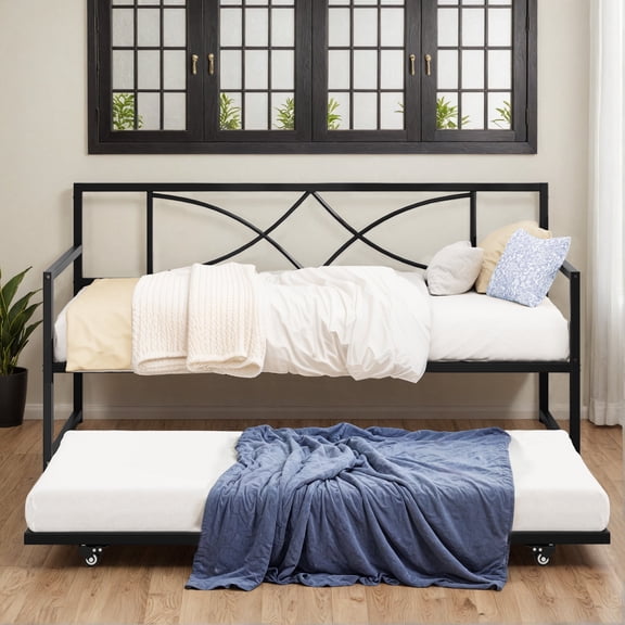 ModFusion  Modern Twin Daybed with Pull Out Trundle, Metal Day Bed with Adjustable Height, Twin Size Mattress Foundation with Steel Slat Support for Guest Room Living Room - Black