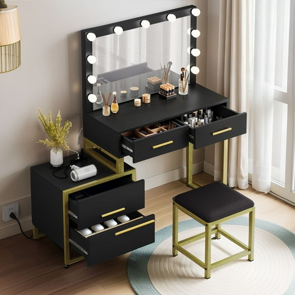 ModFusion Modern Vanity Table with Tri-Fold Mirror, 11 LED Bulbs, 4 Drawers, Charging Station, and Stool - Black Finish