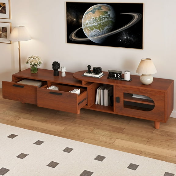 ModFusion Modern Walnut TV Cabinet, Solid Wood with Acrylic Door, Adjustable Dual-Height Console, 6-Leg Media Stand with Storage, 190cm