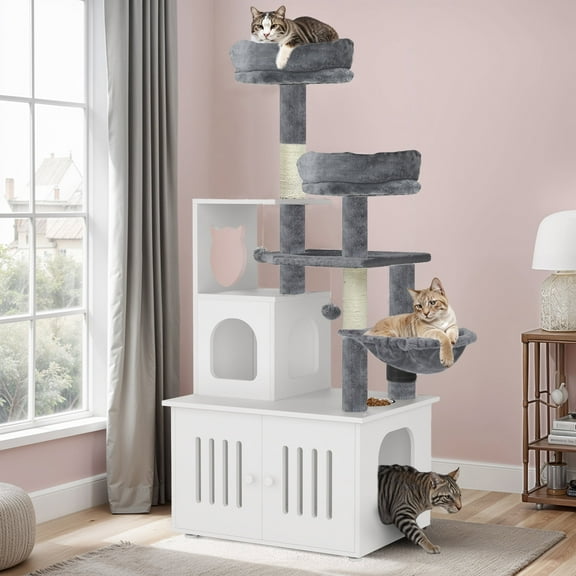 ModFusion Multi-Level Cat Tree Tower, Scratching Posts, Feeding Station, Enclosed Cat Toilet, White & Gray