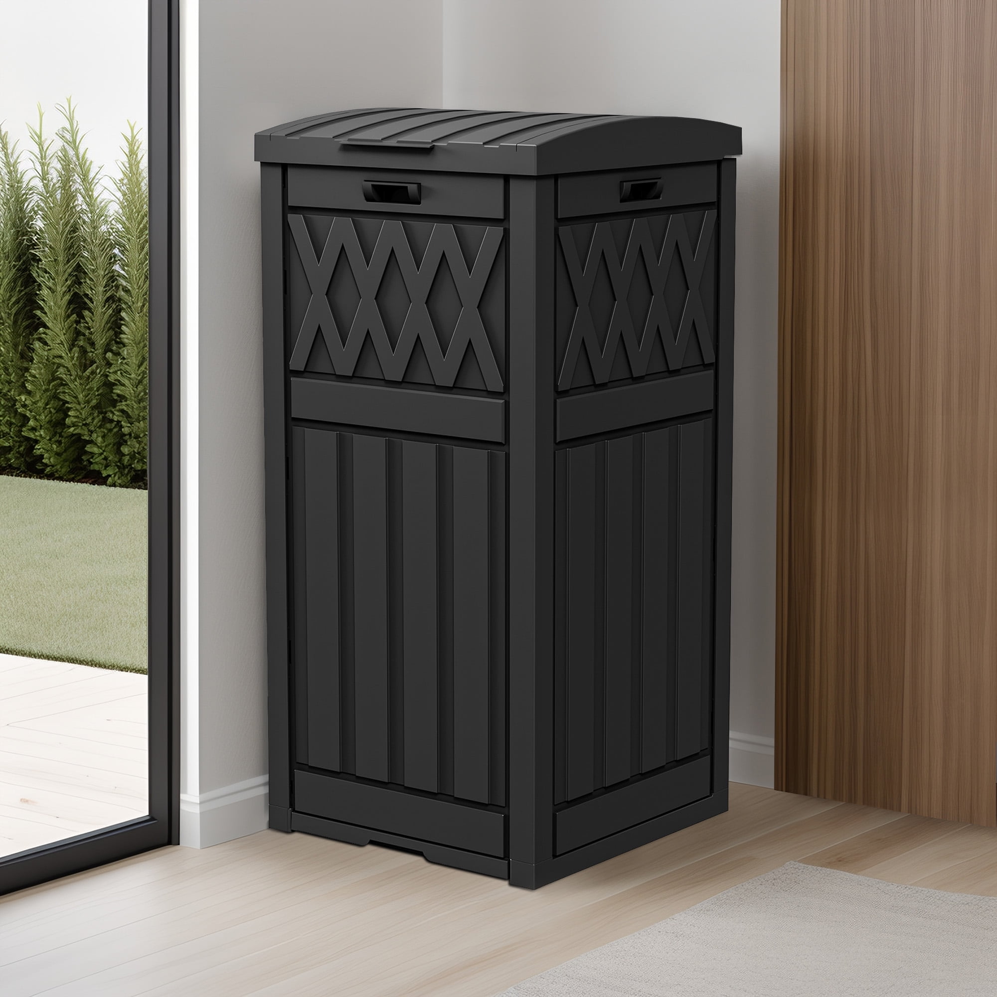 ModFusion Multi-Level Lid Outdoor Resin Trash Bin - Black, 31 Gallons