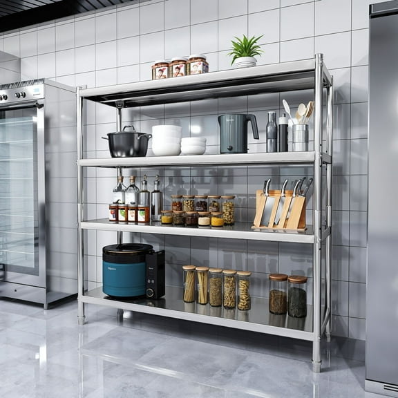 ModFusion 60"x60" Nsf Certified Stainless Steel Shelving Unit, 4-Tier Adjustable Storage Rack, Heavy-Duty Shelves for Commercial Kitchens, Utility Rack, Display Shelf