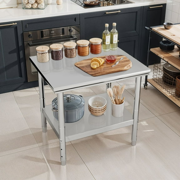ModFusion 2x2.5x2.6 ft Nsf Certified Stainless Steel Work Table with Adjustable Undershelf, 2-Tier Heavy-Duty 30" Metal Prep Table, Commercial Kitchens, BBQ Tables, Industrial Workspaces