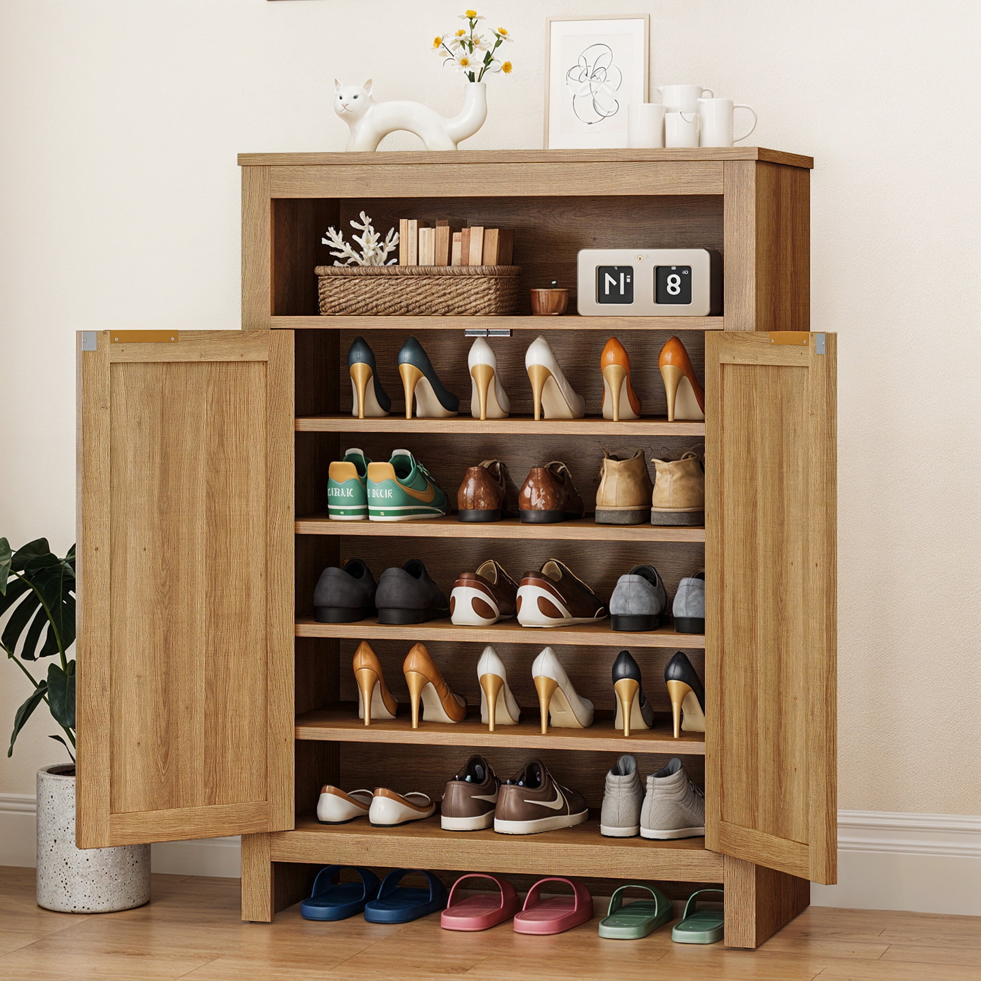 ModFusion Natural Wood Color Shoe Cabinet with Woven Rattan Doors
