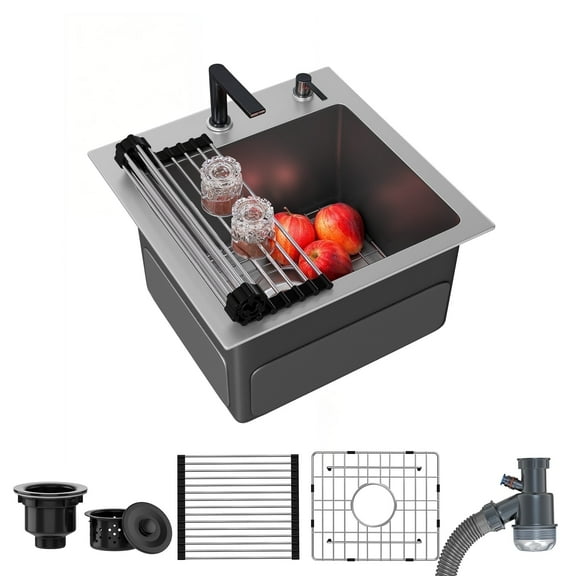 ModFusion 15-Inch Stainless Steel Sink with Detachable Drain, Dish Draining Tray, Odorless Single-Bowl Sink Grid, Nano-PVD, Small RV Bar Basin, Black