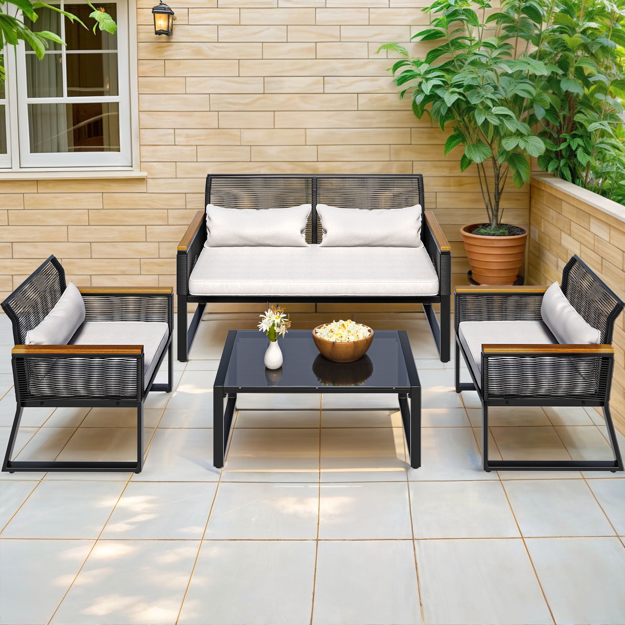ModFusion Outdoor 4 Pieces Patio Bistro Set, All-Weather Rattan Patio Furniture Loveseat, Wood Armrests, Gray Cushions, and Metal Coffee Table. Perfect for outdoor spacesces, Black