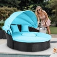 thumbnail image 1 of ModFusion Outdoor Furniture Round Daybed Set with Retractable Canopy, Clamshell Wicker Sunbed Sectional Seat, Black Rattan & Turquoise Cushion, 1 of 9
