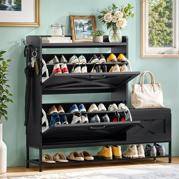 ModFusion Padded Shoe Bench with Hidden Storage for Entryway, Hallway, Black