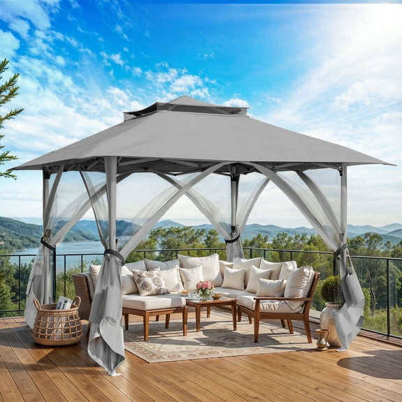 ModFusion Patio Gazebo 12'x12' Double Roof Pop Up Gazebo, Instant Tent with Netting for Lawn, Garden, Backyard, and Deck, Outdoor Portable Canopy in Gray
