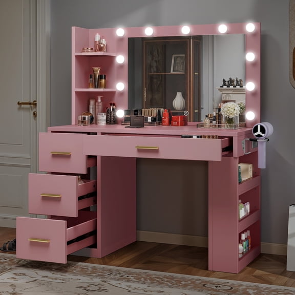 ModFusion Pink LED Dressing Table with Ball Bulb Mirror, Touch Switch, Gold Handle, Steel Drawer Slides, PB+MDF, 110V