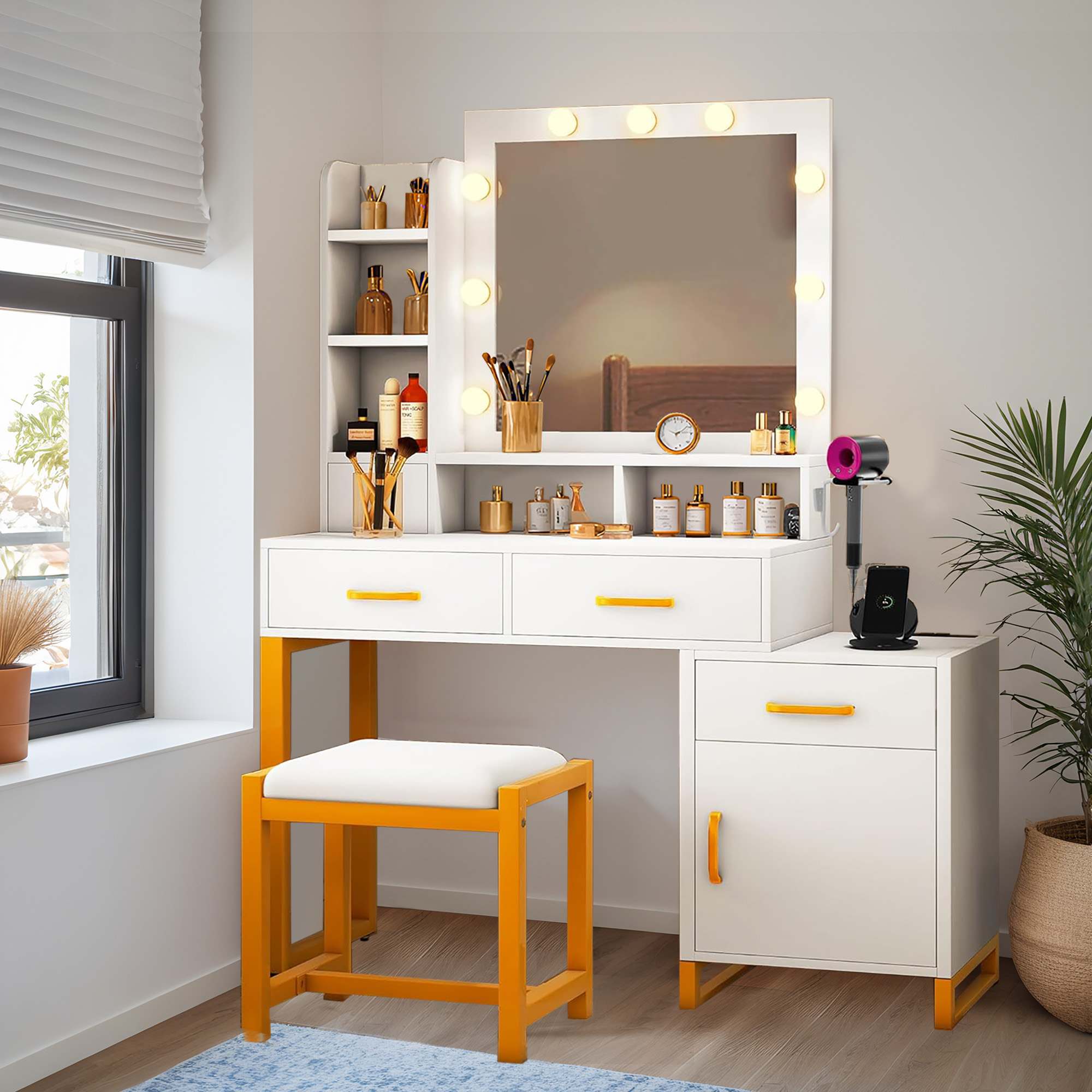 ModFusion Pure White Vanity Desk Set with 9 Hollywood-Style Bulbs, 4 Drawers, and Built-In Charging Station