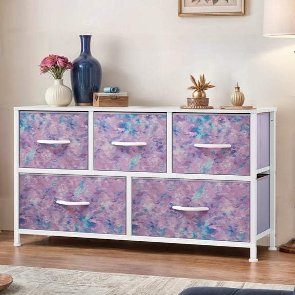 ModFusion Fabric 5-Drawer Dresser Storage Organizer, Purple Tie-Dye Finish, Easy Assembly for Teens and Adults Bedroom or Closet