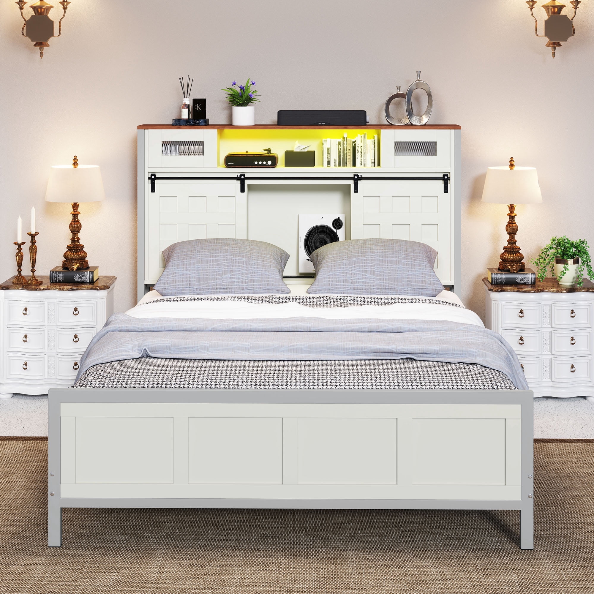 ModFusion Queen Size Bed Frame with Grid Barn Door Headboard Storage, LED Light Strip & USB Ports, White