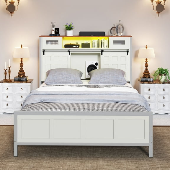 ModFusion Queen Size Bed Frame with Grid Barn Door Headboard Storage, LED Light Strip & USB Ports, White