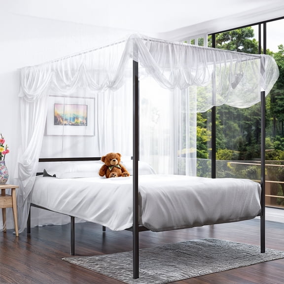 ModFusion -Queen Size Metal Canopy Bed Frame 14 Inch Platform with Headboard Strong Slat Metal Slat Support Quick to Assemble, Black