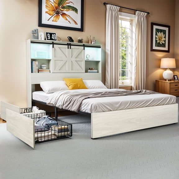 ModFusion Queen Size Oak Wood Grain Sliding Barn Door Backrest with Power Outlets & RGB Lights, Rolling Drawers, White